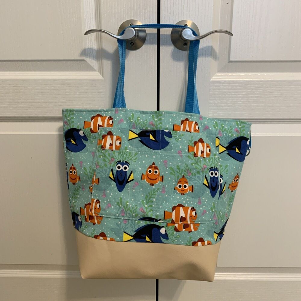 NEW Handmade Large Tote Beach Bag Outer Pockets Inner Lined Ocean Fish Nemo Dory